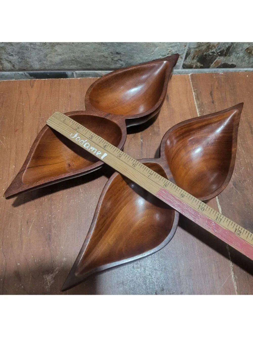 Vintage MCM Monkey Pod Wood 2 Compartment Divided Serving Dish Tray Set of 2